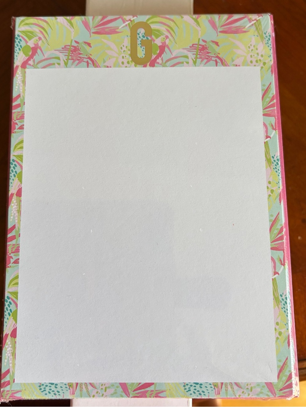 Mary Square tropical print notecards with a gold G monogram